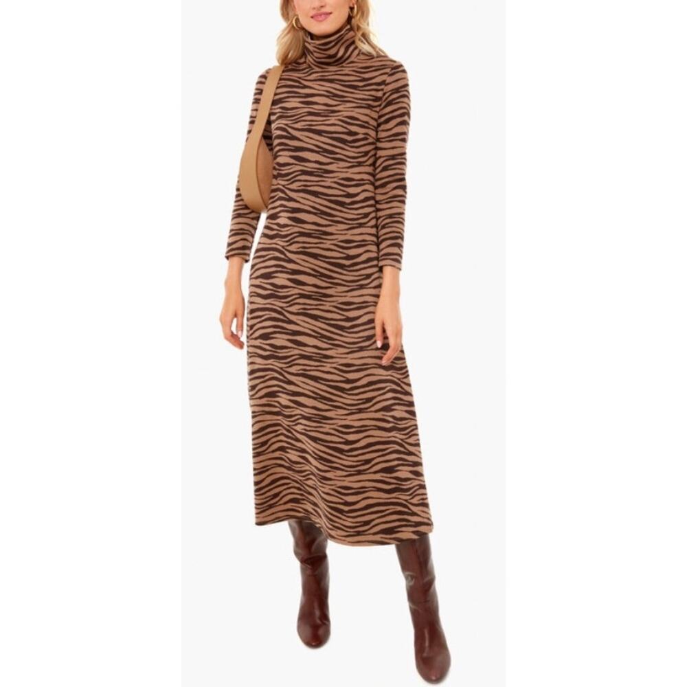 Tuckernuck Tiger Ellery Midi Dress Womens XS Mock Neck Knit Stretch Animal Print